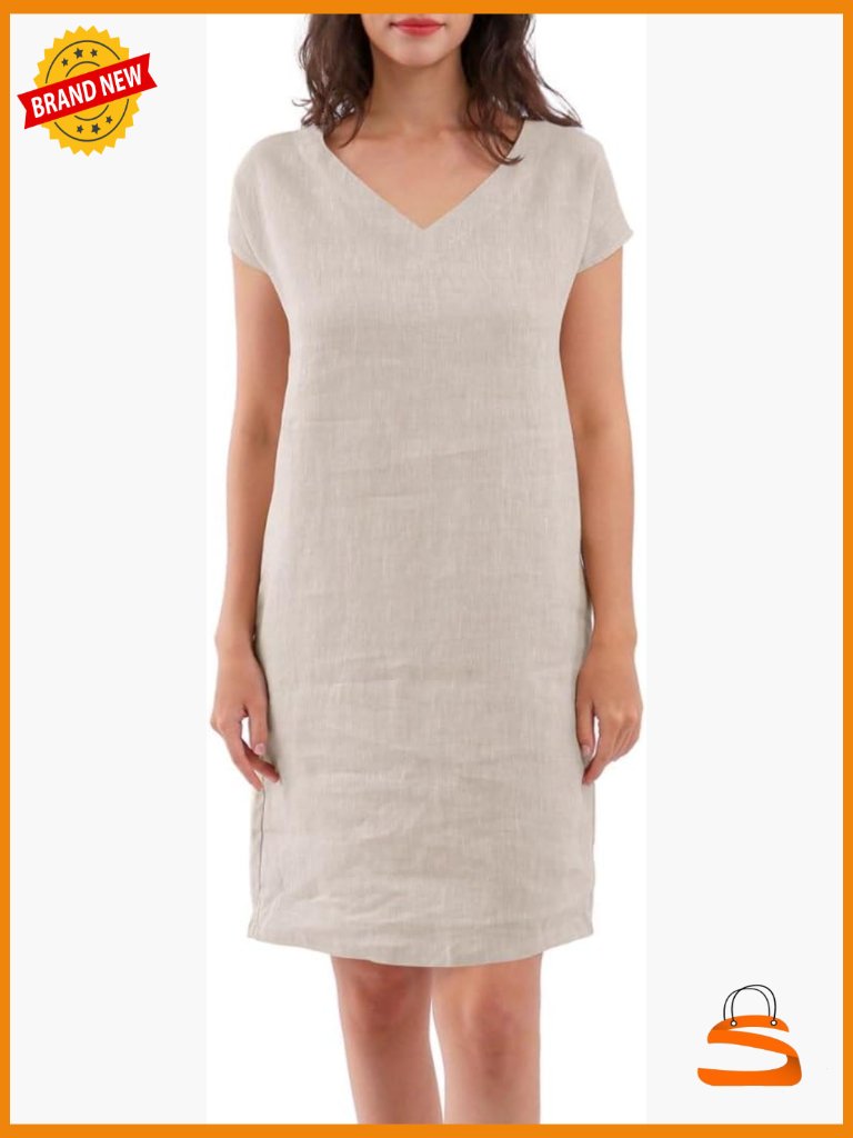 100% Linen Shift Midi Dress With Pockets V-Neck Short Sleeve